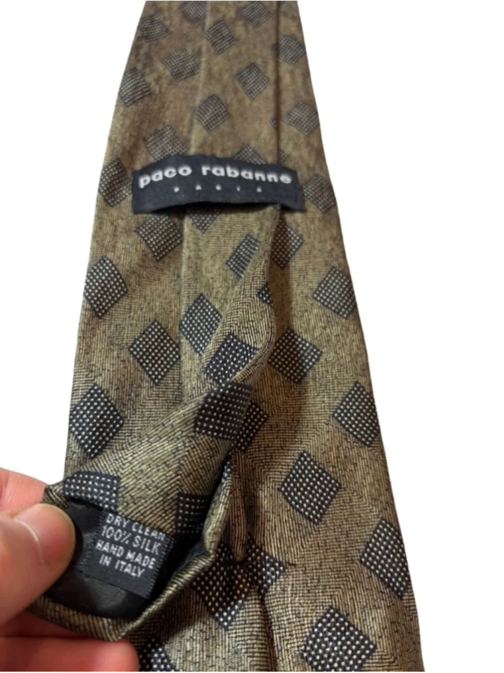 Paco Rabanne Paris Silk Tie Italy Geometric Squares Brown Black Designer